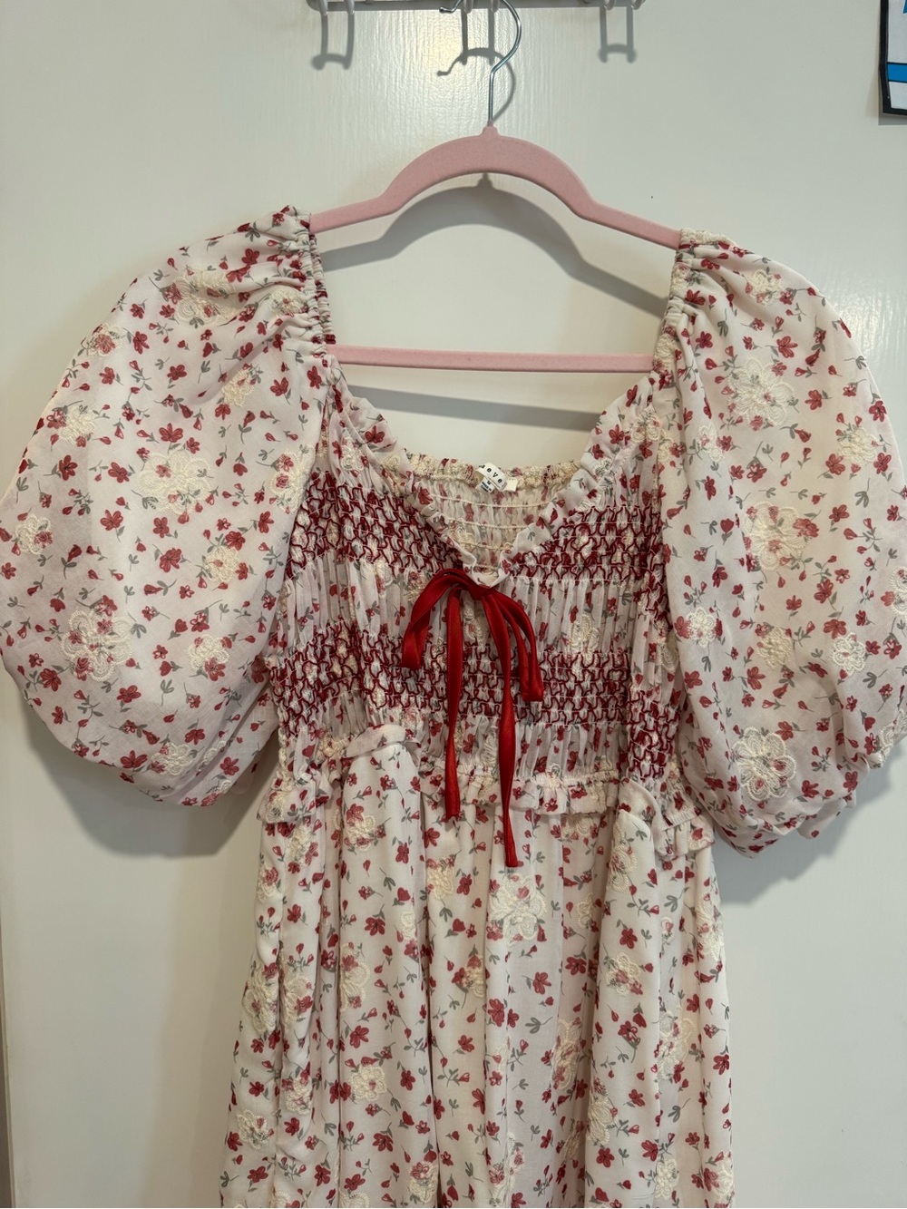Smocked Puff-Sleeve Floral Maxi Dress - White with Red Floral - Picture 4 of 6